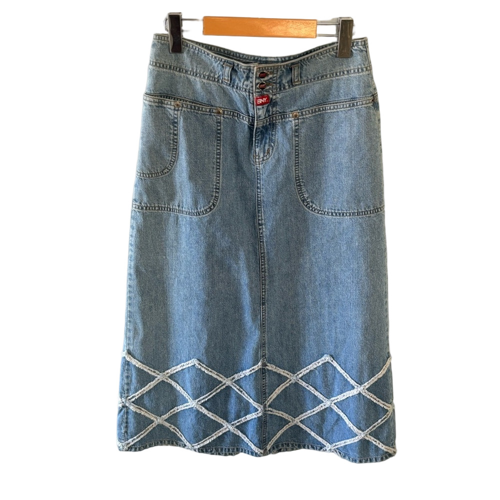 BNY Bunny Jean 28 Denim Midi Skirt Y2K Western Deep Front Pockets Back Slit